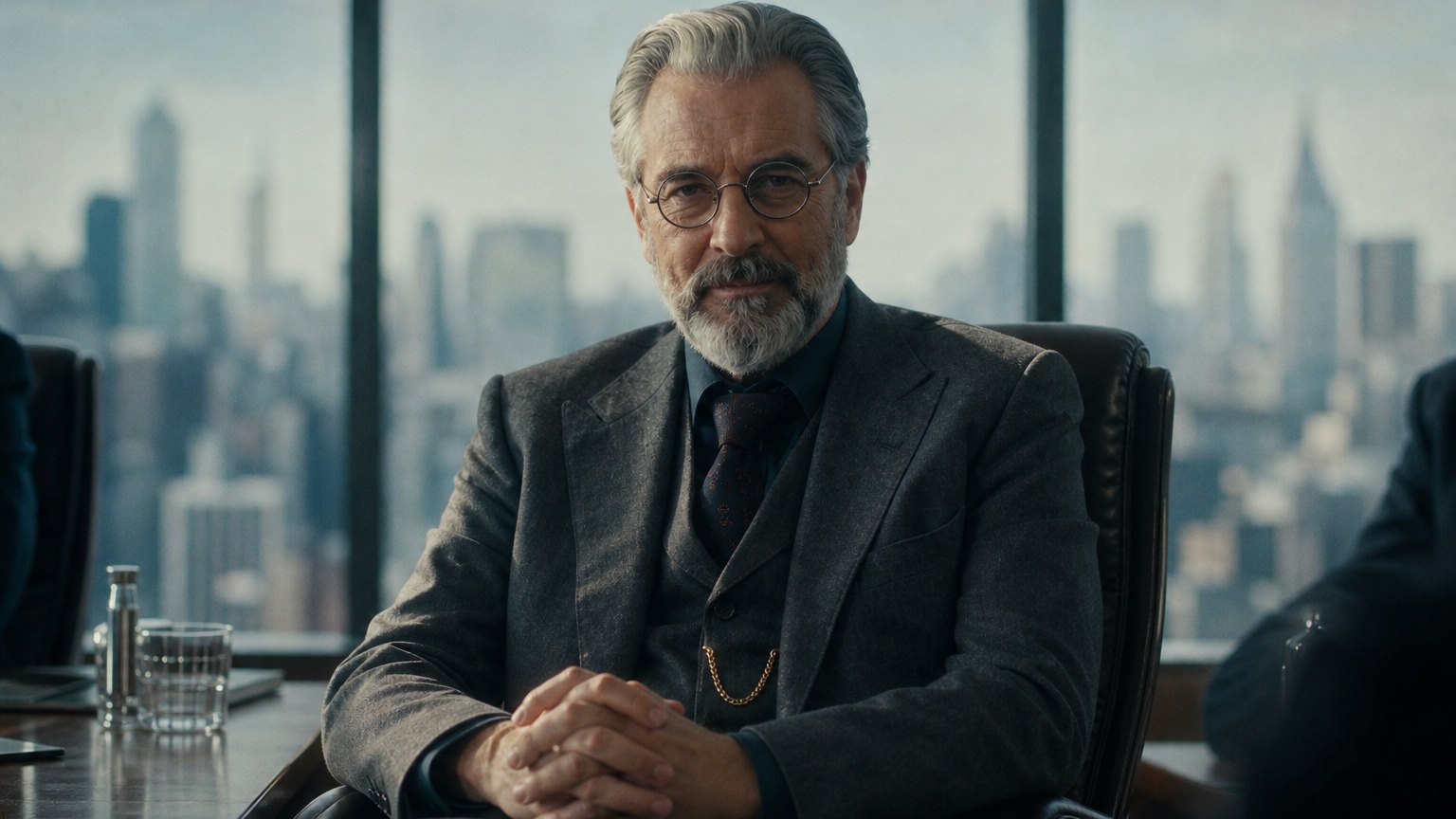The Chairman — a second cast character, boardroom portrait with city skyline