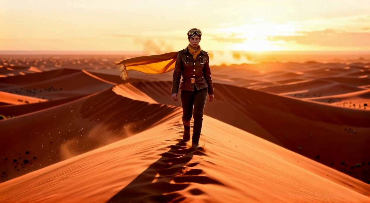 Wide shot, golden hour — the Wayfinder crossing the dunes