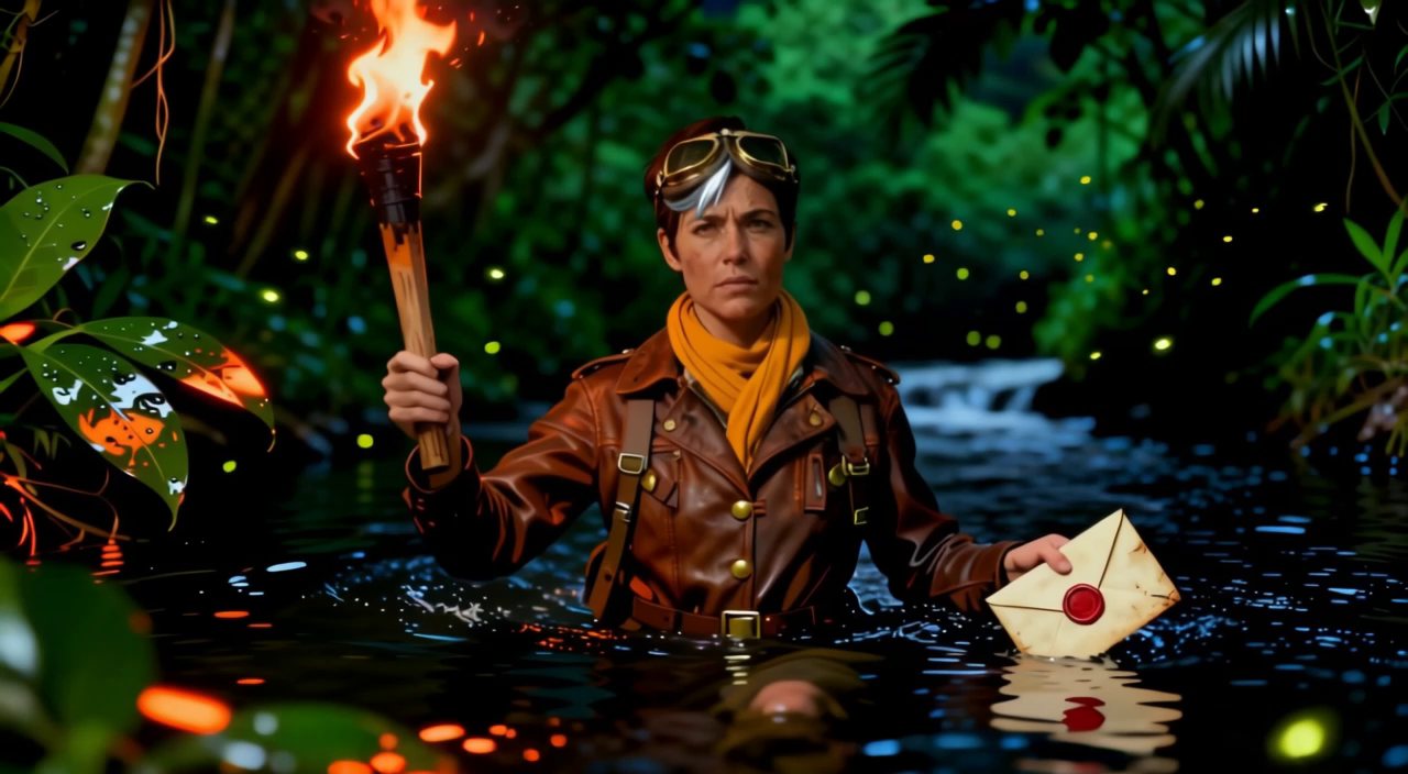 Medium shot, night — the Wayfinder at the jungle river, letter in hand