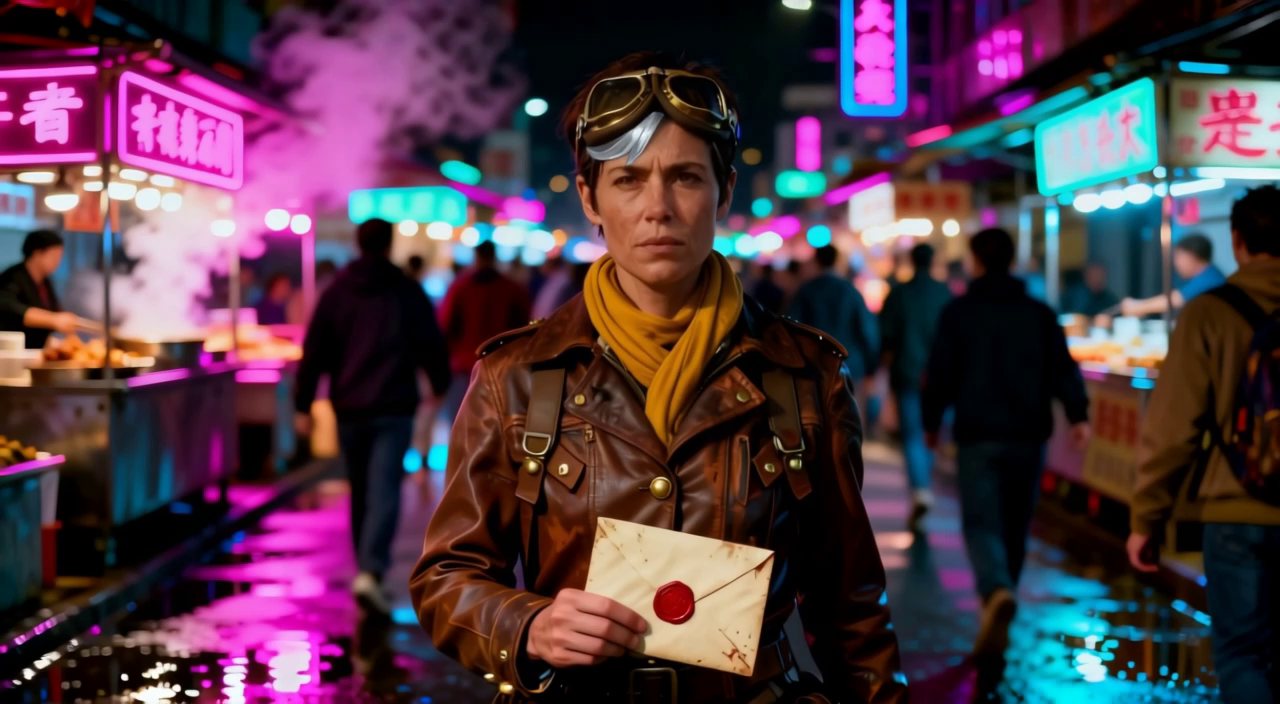 Medium shot, night — the Wayfinder in the neon market