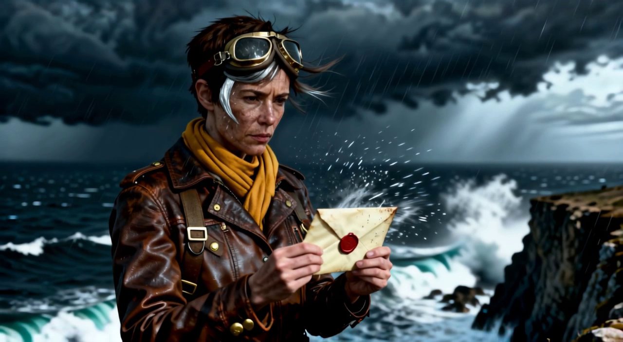 Close-up, storm — the Wayfinder on the sea cliff