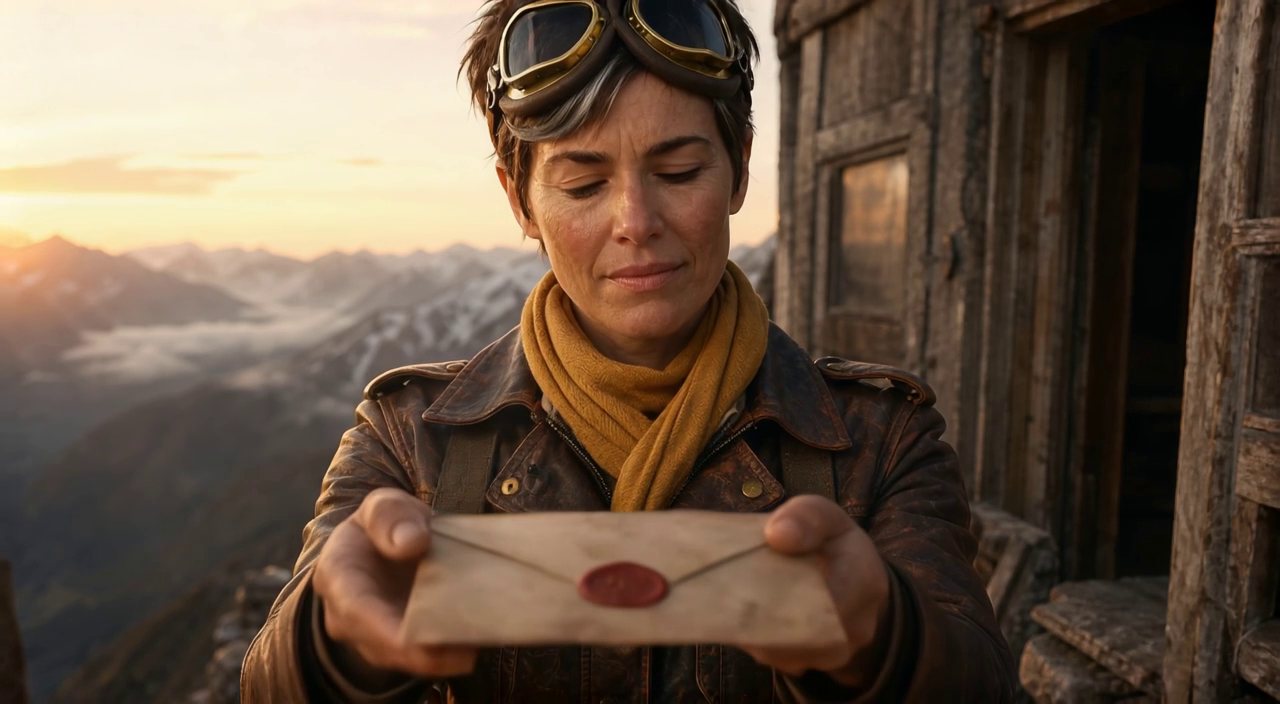 Push-in, dawn — the Wayfinder at the summit, letter held out