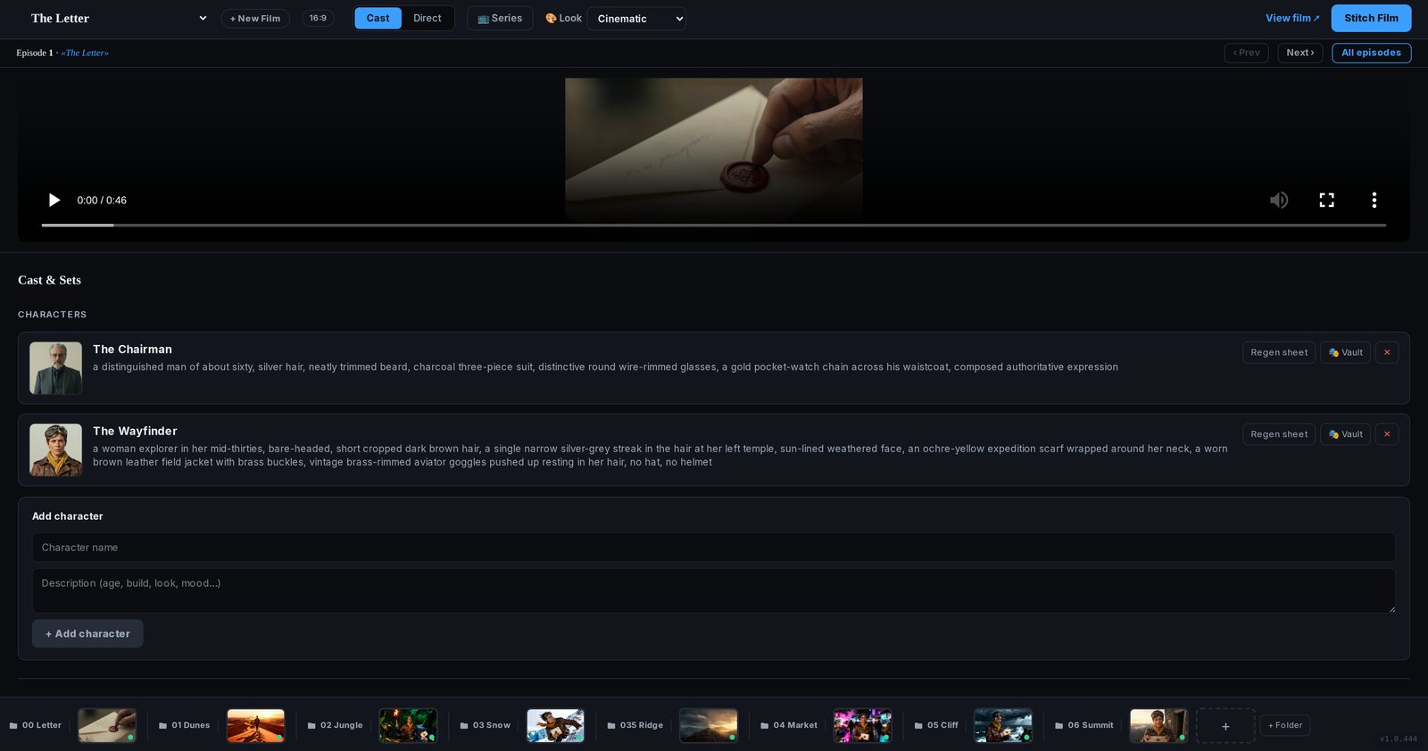 The Filmoyo workspace — cast panel and shot timeline
